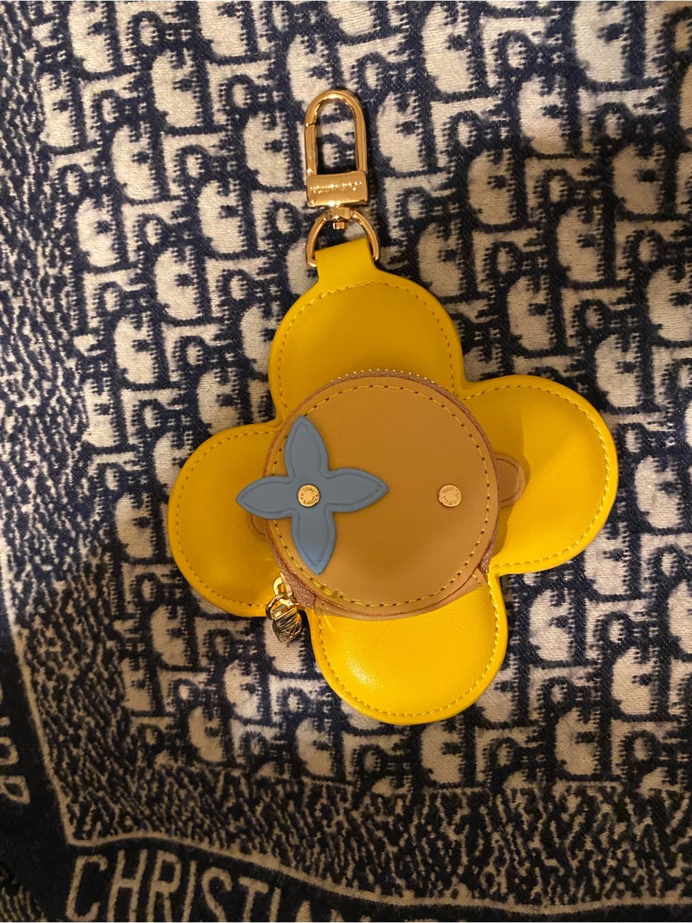 Louis Vuitton Inspired Yellow Flower Keychain with Tan Center and Gold Hardware